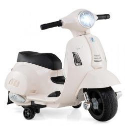 Moto Elétrica Infantil Vespa OLAKIDS Branca 6V Licenciada Rodas de Treinamento Farol LED Buzina Estrutura Metálica 3 Rodas
