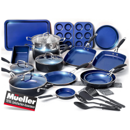 Jogo de Panelas e Frigideiras Antiaderentes em Alumínio com Utensílios, 24 Peças, Mueller Austria, Preto e Azul