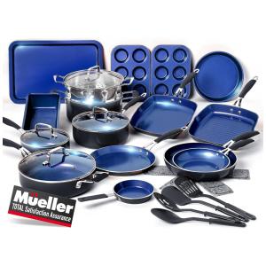 Jogo de Panelas e Frigideiras Antiaderentes em Alumínio com Utensílios, 24 Peças, Mueller Austria, Preto e Azul