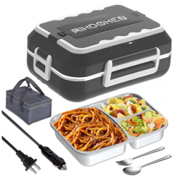 Marmita Elétrica Portátil 1,5L com Recipiente de Aço Inoxidável e à Prova de Vazamentos, 12V 110V 60W, RIKDOKEN, Cinza Escuro
