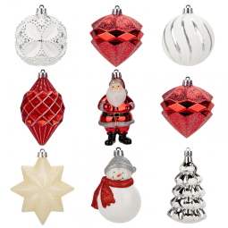 Conjunto de 9 Bolas de Natal Vermelhas e Brancas para Árvore de Natal, Decoradas com Boneco de Neve, Papai Noel e Estrela