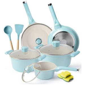 Conjunto de Panelas e Frigideiras Antiaderentes em Granito com Utensílios, 14 Peças, Caannasweis, Azul