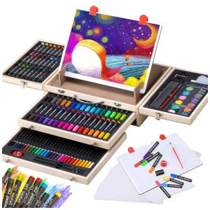 Kit Lápis de Cor Profissional com Maleta de Madeira 108 peças Tintas Acrílicas, Aquarela, VIGORFUN US XJ Art Set 1, Marrom