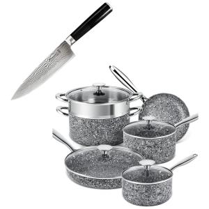 Conjunto de Panelas, Frigideiras Antiaderentes de Pedra e Faca Alemã de Aço Inoxidável, 10 Peças, MICHELANGELO
