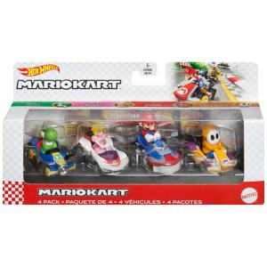 Conjunto Hot Wheels Mario Kart Vehicle 4Pack - 4 Personagens Favoritos dos Fãs, Inclui 1 Modelo Exclusivo - Presente Colecionável para
