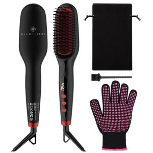 Escova Alisadora Elétrica com Luva Anti Aquecimento, Aquece em 40S, 110v, GLAMFIELDS S102R, Preto