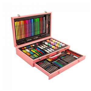 Kit de Arte XARONF 130 Peças Estojo Madeira Rosa, Lápis, Pastel, Tintas Acrílica e Aquarela, Pincéis, Profissional ou Iniciante, Portátil