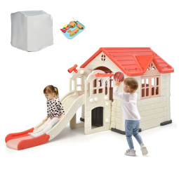 Casinha Infantil para Área Externa 7 em 1 com Cesta de Basquete, Escorregador e Capa à Prova D'água, Costzon, Branca e Rosa