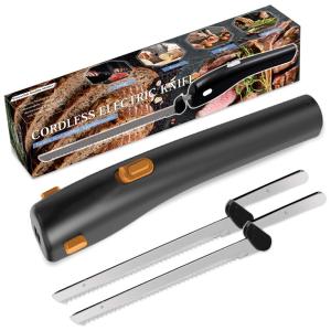Facas Elétricas sem Fio com 2 Lâminas 20 cm, Recarregáveis, Trava de Segurança, Cabo Ergonômico, para Carnes, Pães, Peixes
