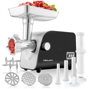 Minjan Moedor de Carne Elétrico 3 em 1 Profissional, 3 Lâminas para Moagem, Aço Inoxidável, 1800W, 110v, N, N MGL, Preto