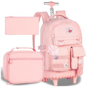 Mochila de rodinhas CCJPX 3 em 1 rosa para notebook, com lancheira e estojo