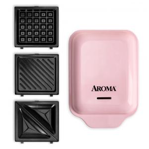 Sanduicheira Elétrica 3 em 1 AROMA Rosa 600W Placas Cerâmicas Removíveis 120V 19x14x9 cm