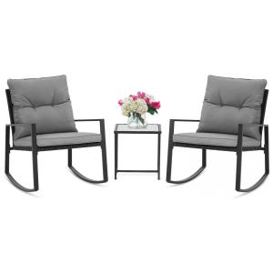 Conjunto de Balanço para Varanda SUNCROWN 3 Peças em Vime Preto com Mesa de Centro de Vidro - Cinza Escuro