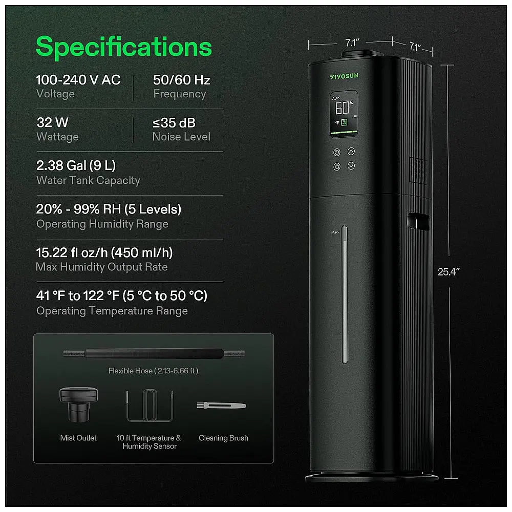 Umidificador Inteligente VIVOSUN AeroStream H09 Preto WiFi com Sonda de Temperatura 9L 110V — foto 2