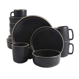 Aparelho de Jantar com 16 Peças em Cerâmica Faiança Incluindo Pratos, Xícaras e Bowls, Gibson Home Zuma, Preto