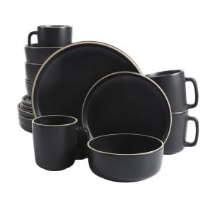 Aparelho de Jantar com 16 Peças em Cerâmica Faiança Incluindo Pratos, Xícaras e Bowls, Gibson Home Zuma, Preto