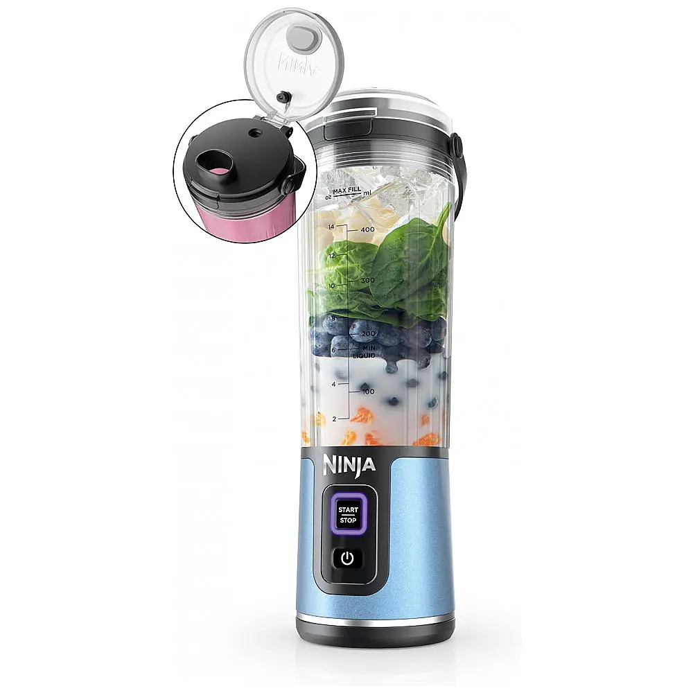 Liquidificador Portátil Ninja Blast, Sem Fio, Recipiente 600ml, Tampa Antivazamento com Alça, Azul Metálico, BC151BM, 7.4V