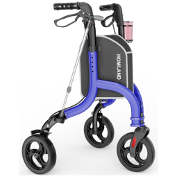 Andador Dobrável para Idosos de 3 Rodas com Suporte para Bengala e Altura Ajustável, HOMLAND, Azul