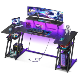 Mesa Gamer de Fibra de Carbono 60" 152 cm com Gancho para Fone de Ouvido, Tomadas, Prateleiras de Armazenamento e Luz LED, 110V, MOTPK