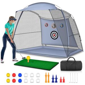 Rede de Treino para Golfe de 3m x 2,1m, Inclui 5 Bolas de Golfe, 1 Tapete de Golfe e Alvos para Ambientes Internos e Externos, ISAYIRA