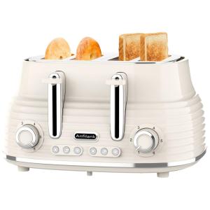 Torradeira Elétrica 4 Fatias em Aço Inoxidável com Função Descongelar e Bandejas de Migalhas Removíveis, 110V, Anfilank, Creme