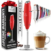 Espumador Elétrico de Leite em Aço Inoxidável a Bateria com Suporte, ZULAY KITCHEN Twin Whisk 12,500 RPM, Vermelho