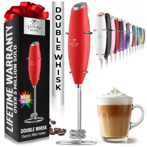 Espumador Elétrico de Leite em Aço Inoxidável a Bateria com Suporte, ZULAY KITCHEN Twin Whisk 12,500 RPM, Vermelho
