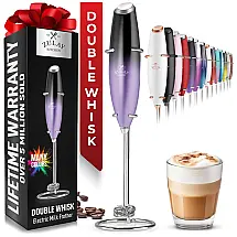 Espumador Elétrico de Leite a Bateria com Suporte, e Roxo, ZULAY KITCHEN Twin Whisk 12,500 RPM, Preto