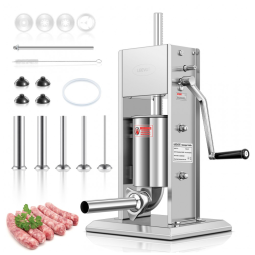 Máquina de Encher Linguiça de Aço Inoxidável 304 LEEVOT 7Lb3L Ajustável, 2 Velocidades, 5 Tubos de Enchimento Prateados