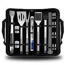 Kit Churrasco na Grelha 20 Peças de Aço Inoxidável e Termômetro com Estojo de zenamento, ZBQLKM, Prateado