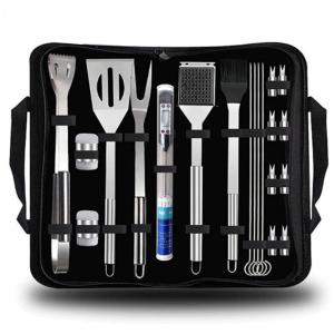 Kit Churrasco na Grelha 20 Peças de Aço Inoxidável e Termômetro com Estojo de zenamento, ZBQLKM, Prateado