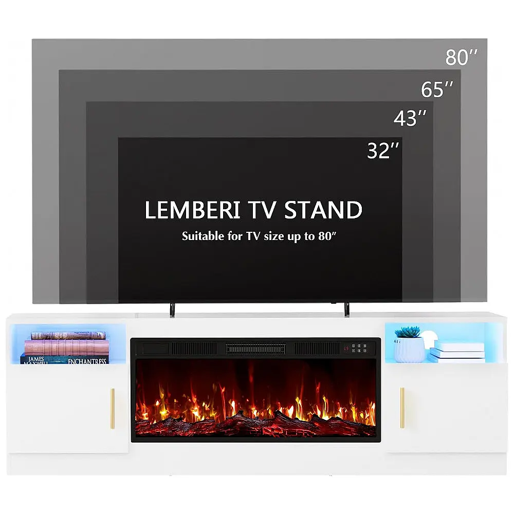 Rack TV Lemberi 178x59cm Lareira Elétrica 1500W Chamas 3D LED Branco 110V — foto 3