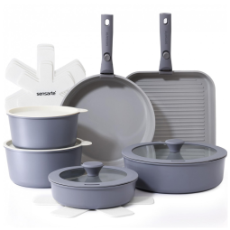 Jogo de Panelas e Frigideiras Antiaderentes, Material em Alumínio com 17 Peças e Cabo Removível, SENSARTE, Cinza