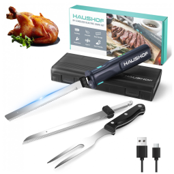 Conjunto de Facas Elétricas Sem Fio HAUSHOF 8V para Cortar Carnes, Peixes e Pães, Cortador de Carnes Recarregável com Lâminas de Aço