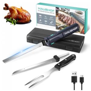 Conjunto de Facas Elétricas Sem Fio HAUSHOF 8V para Cortar Carnes, Peixes e Pães, Cortador de Carnes Recarregável com Lâminas de Aço