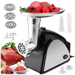 Moedor de Carne Elétrico Profissional, 3 Lâminas para Moagem, Aço Inoxidável, 2000W, 110v, HOMDOX, Preto