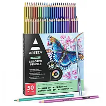 Lápis de Cor Metálicos ARTEZA, Conjunto com 50 Cores, Formato Triangular, Pontas Pré-Afiadas, Materiais de Arte para Desenho