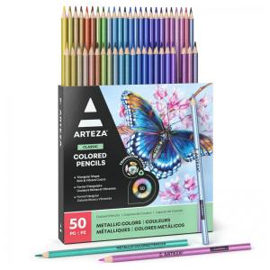 Lápis de Cor Metálicos ARTEZA, Conjunto com 50 Cores, Formato Triangular, Pontas Pré-Afiadas, Materiais de Arte para Desenho