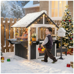 Casinha de Madeira JOYMOR para Crianças ao Ar Livre com Pia, Mesa de Piquenique, Caixa de Correio e Suporte para Vasos de Flores -