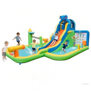 Parque Aquático Inflável 9 em 1, até 90 kg com Piscina Infantil, Jogo da Velha, Parede de Escalada e Toboáguas, BOUNTECH, Colorido