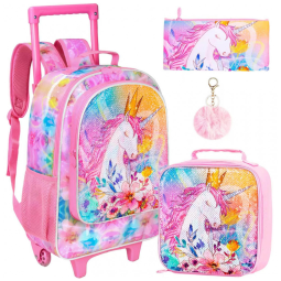 Mochila Escolar Infantil 45cm CCJPX Unicónio Rosa 3 Peças com Lancheira para Crianças, Rosa