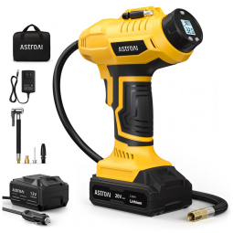 Compressor de Ar Portátil 160 PSI Recarregável com Tela LED e Adaptador de Energia, 20V, AstroAI, Amarelo