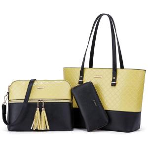 Conjunto de Bolsas Femininas em Couro Sintético 4 Peças com Carteira, Lovematch, Amarelo e Preto