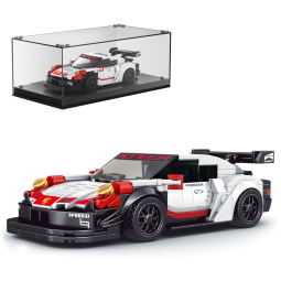 Kit de Construção Carro Porsche 911 com 349 Peças e Vitrine de Acrílico para Crianças Acima de 8 Anos, Mold King, Branco e Vermelho