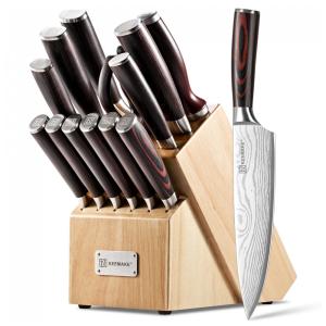 Conjunto de Facas de Cozinha KEEMAKE 14 Peças com Bloco em Madeira Pakkawood e Afiador