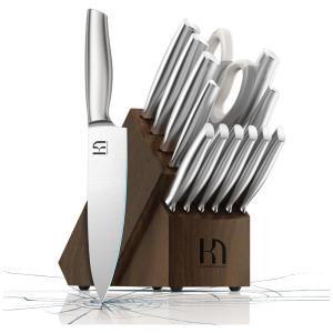 Conjunto de Facas com Bloco de Bancada, Afiador Embutido e Cabo Ergonômico, 14 Peças, KnifeSaga, Prata