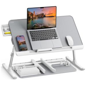 Mesa cama para laptop, ajustável, portátil de pé com gaveta de zenamento, dobrável para tablet cinza, SAIJI K7M G, Branco