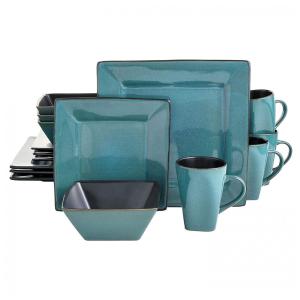 Aparelho de Jantar com 16 Peças Quadradas em Cerâmica, Gibson Elite Kiesling, Azul Turquesa