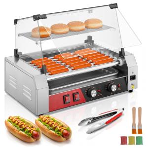 Máquina de Cachorro-Quente FOHERE Hot Dog Roller com 7 Rolos, Capacidade para 1824 Cachorros-Quentes, 1050W de Potência em Aço Inoxidável