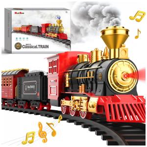 Conjunto de Trenzinho de Brinquedo com Vapor, Carros de Carga e Trilhos para Crianças de 3 a 8 anos, Hot Bee, Vermelho e Preto